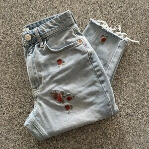 River Island Jeans Womens 2 Long 26x28 High Rise Mom Raw‎ Hem Embroidered UK 6